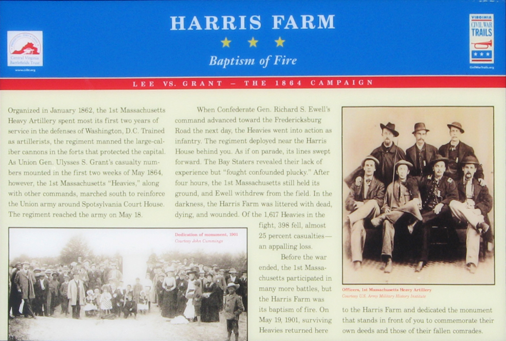 The Baptism of Fire wayside marker on the Harris Farm battlefield near Fredericksburg, Virginia
