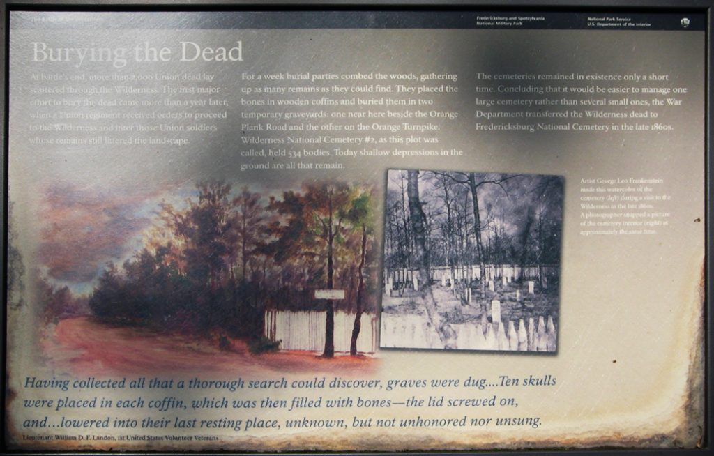 The Burying the Dead wayside marker on the Wilderness battlefield