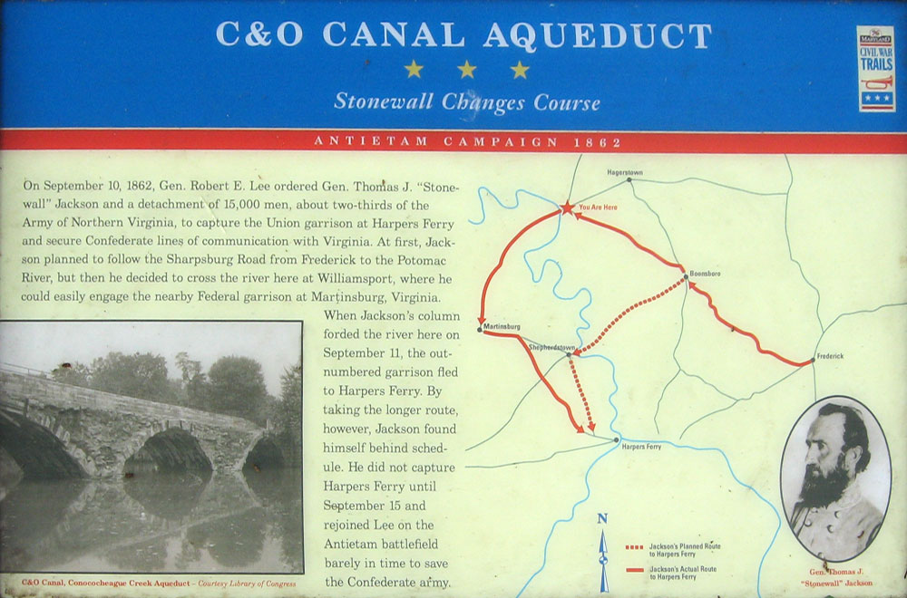 The C&O Canal Aqueduct - Stonewall Changes Course wayside marker at Williamsport, Maryland