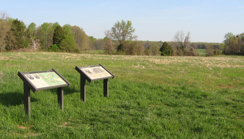 The A.P. Hill Escapes Capture and Key Terrain wayside markers at the Chewning Farm on the Wilderness battlefield