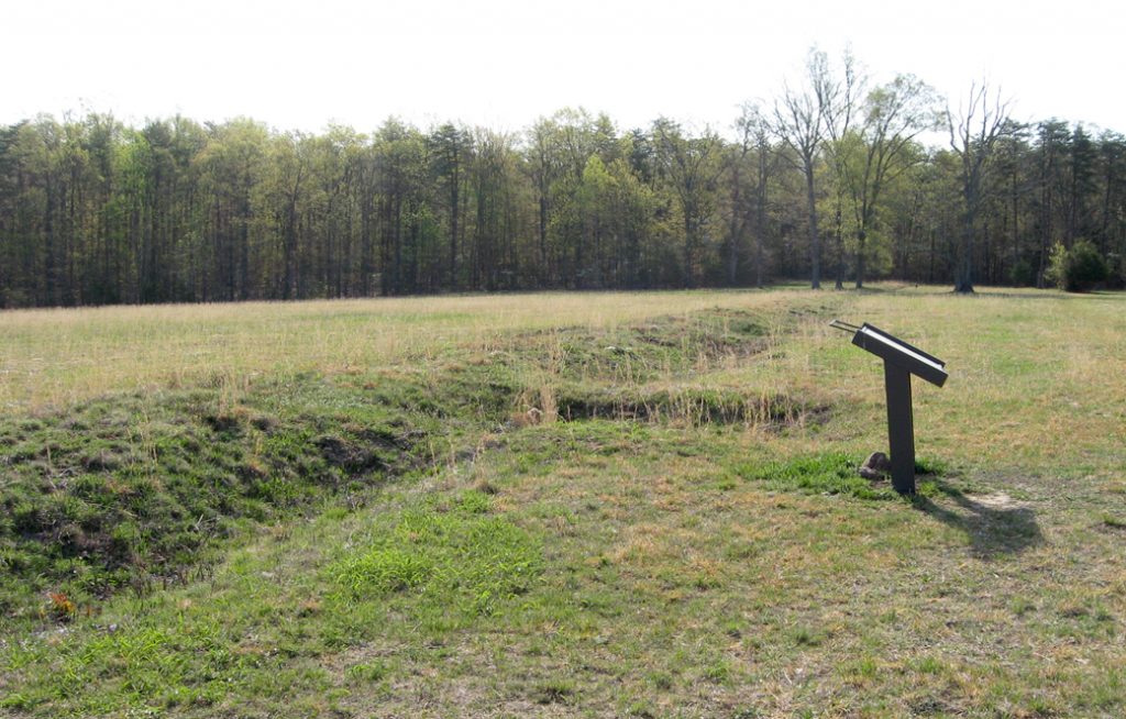 The Confederate Earthworks wayside marker in Tapp Field on the Wilderness battlefield