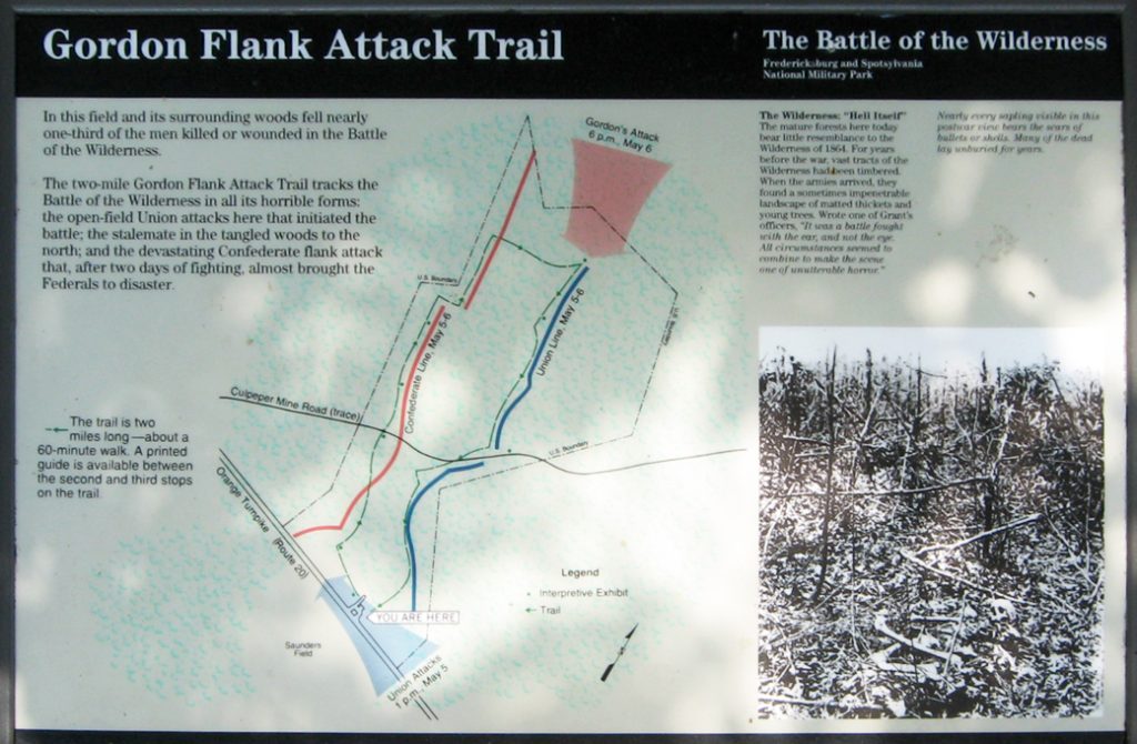 Closeup of the Gordon Flank Attack Trail wayside marker on the Wilderness battlefield