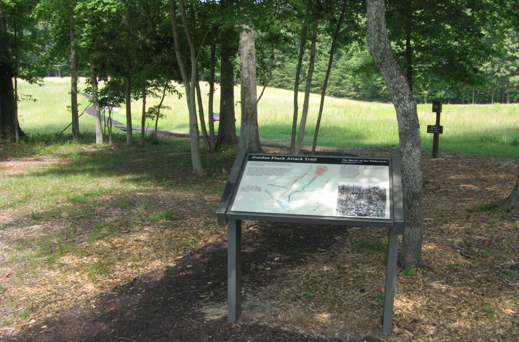 The Gordon Flank Attack Trail wayside marker on the Wilderness battlefield