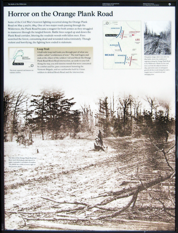 Closeup of the Horror on the Orange Plank Road orientation marker on the Wilderness battlefield