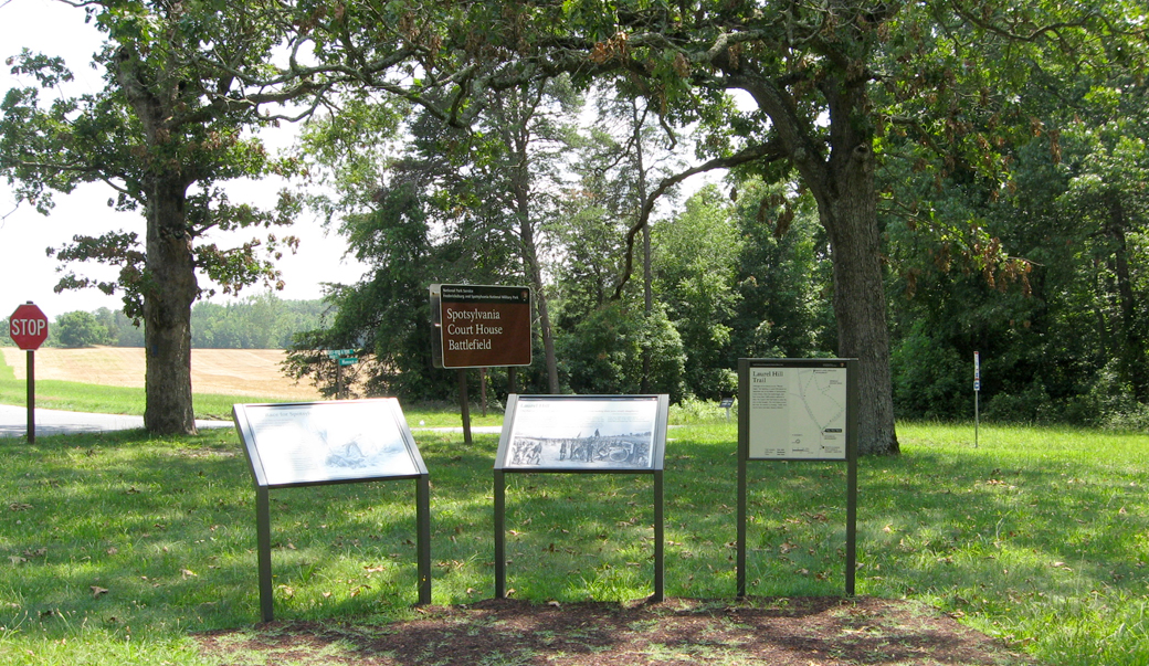 Closeup of the trio of wayside markers at Stop 1 on the Spotsylvania battlefield