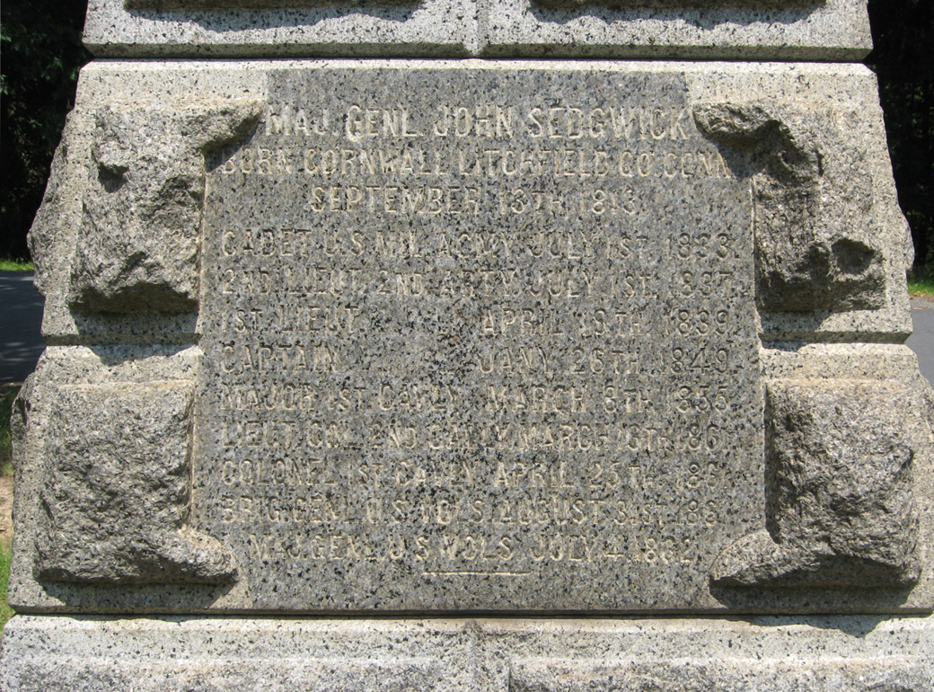 Closeup of the inscription on the front of the Right side of the Monument to Union Major General John Sedgwick on the Spotsylvania battlefield
