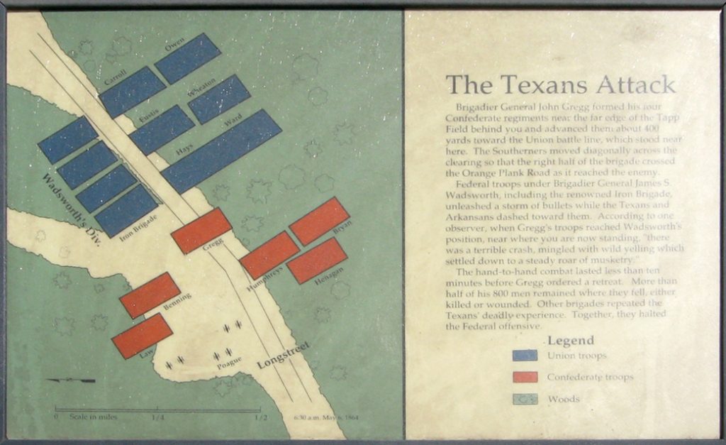 Closeup of The Texans Attack wayside marker in Tapp Field on the Wilderness battlefield
