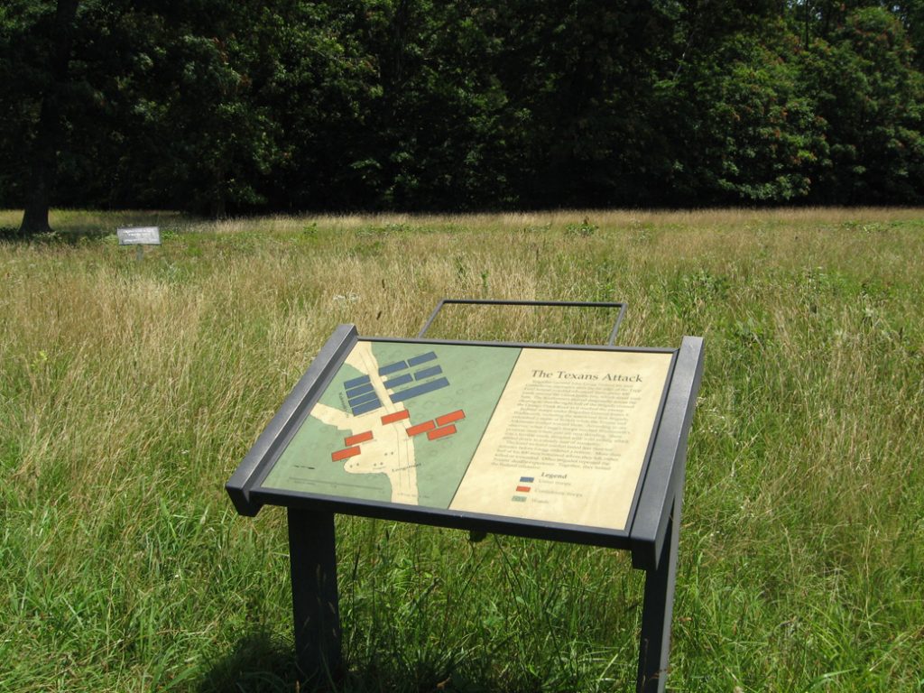 The Texans Attack wayside marker in Tapp Field on the Wilderness battlefield