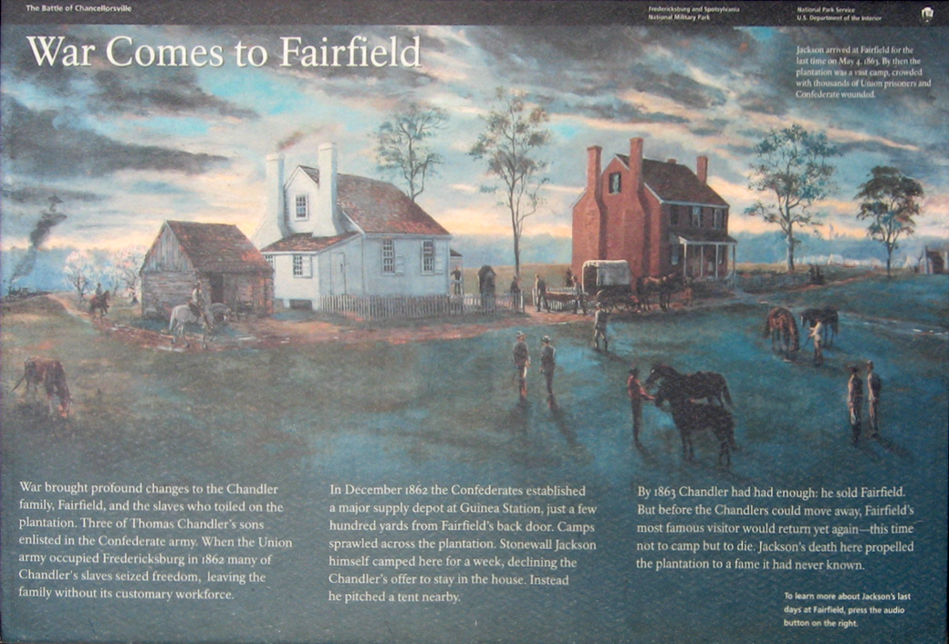 The 'War Comes to Fairfield" wayside marker at Guinea Station, where Lieutenant General Thomas J. "Stonewall" Jackson died