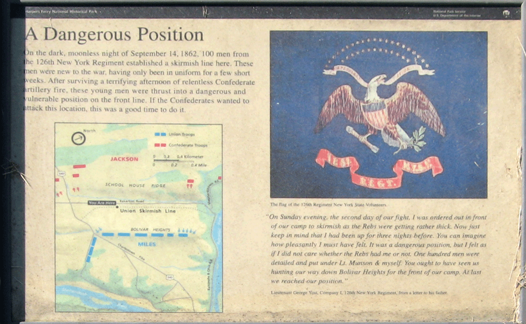 Closeup of the A Dangerous Position wayside marker on the Harpers Ferry battlefield