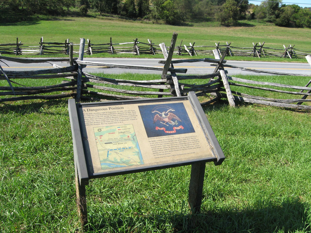 The A Dangerous Position wayside marker on the Harpers Ferry battlefield