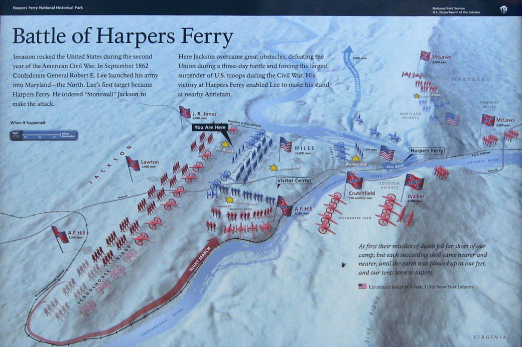 The Battle of Harpers Ferry wayside marker at the foot of North Schoolhouse Ridge on the Harpers Ferry battlefield