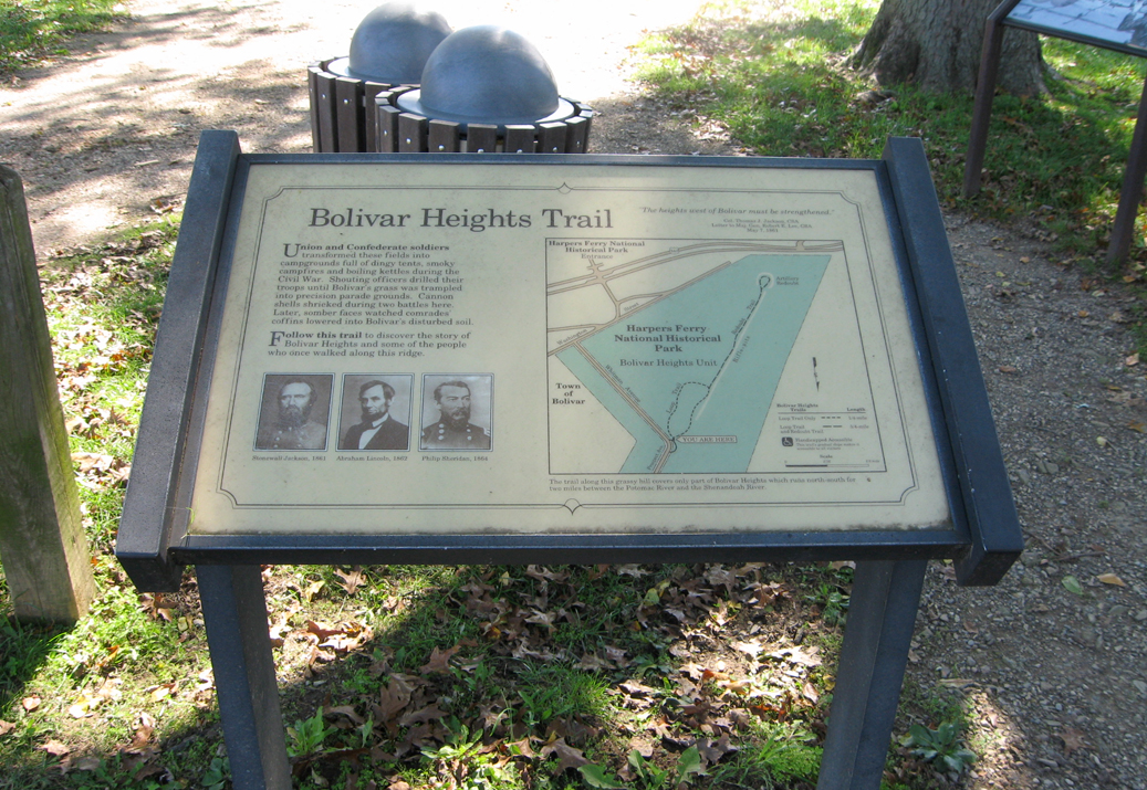 The Bolivar heights Trail marker on the Harpers Ferry battlefield