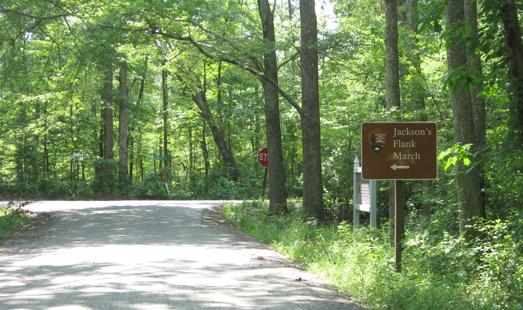 The intersection of Jackson's Trail with Brock Road on the Chancellorsville Battlefield.