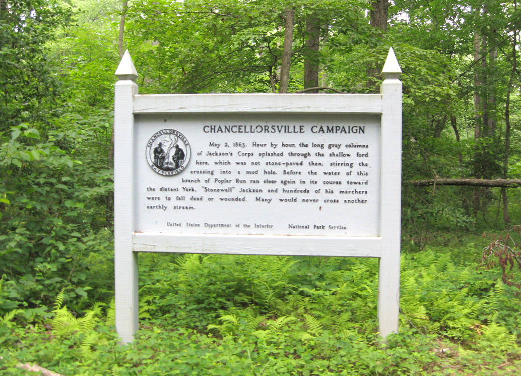 The Chancellorsville Campaign: Poplar Run Ford historical marker is on the Jackson Flank March Trail on the Chancellorsville Battlefileld