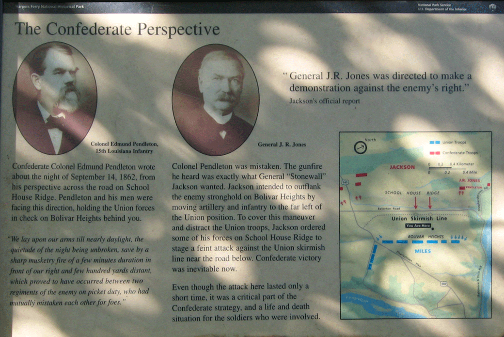 Closeup of the Confederate Perspective wayside marker on the Harpers Ferry battlefield