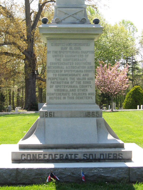 Closeup of the front of the Confederate Soldiers Monument from the Confederate Cemetery at Spotsylvania Court House