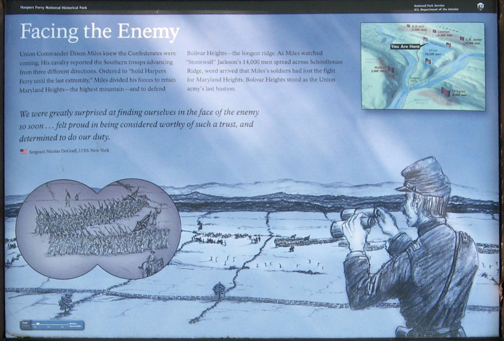 Closeup of the Facing the Enemy wayside marker on the Harpers Ferry battlefield