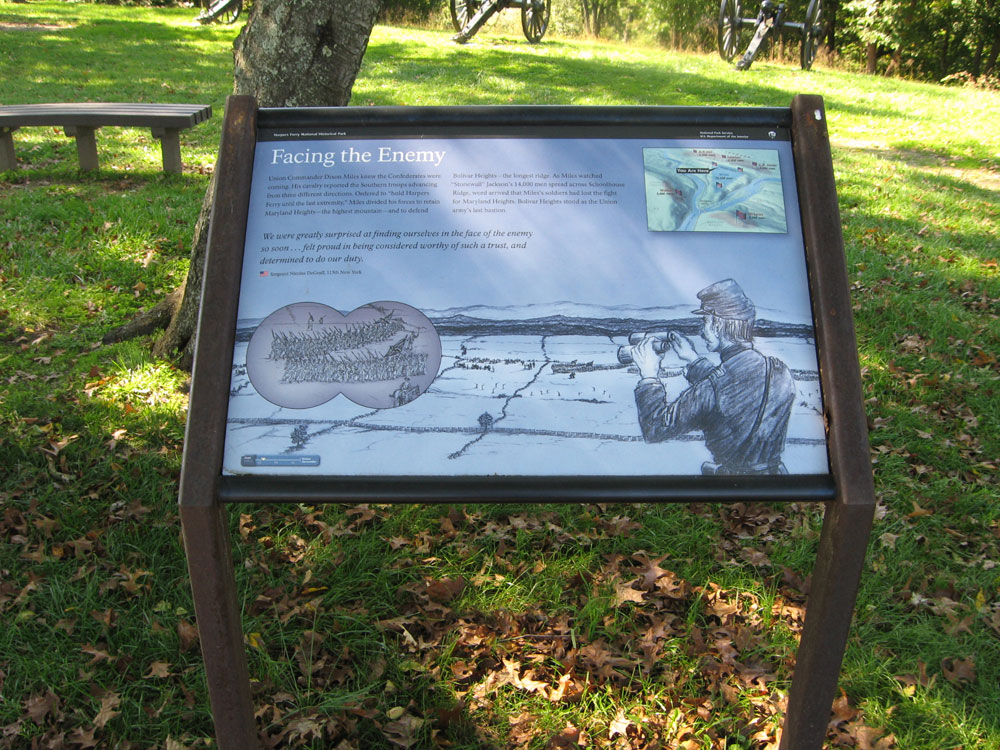 The Facing the Enemy wayside marker on the Harpers Ferry battlefield