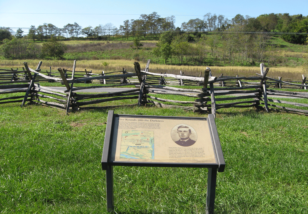 The Five Rounds into the Darkness wayside marker on the Harpers Ferry battlefield