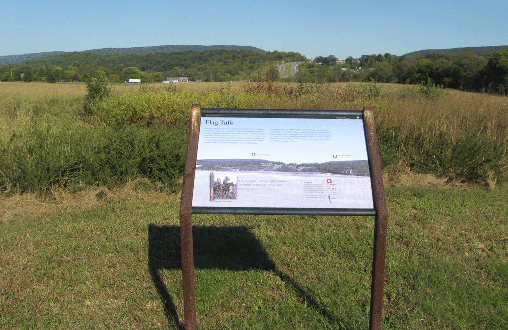 The Flag Talk wayside marker on the Harpers Ferry battlefield
