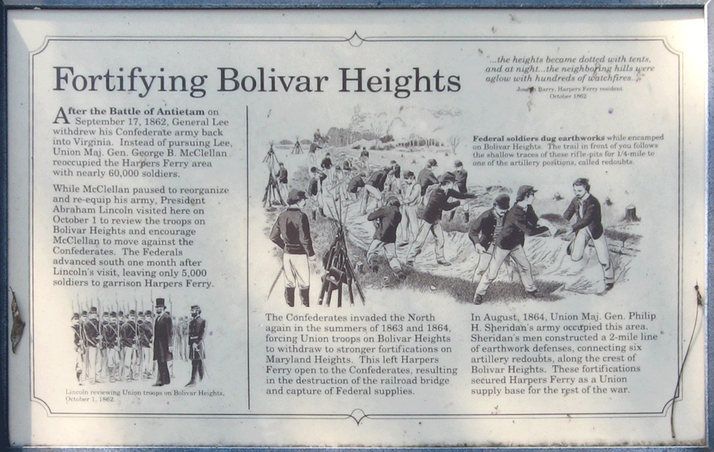 Closeup of the Fortifying Bolivar Heights wayside marker on the Harpers Ferry battlefield