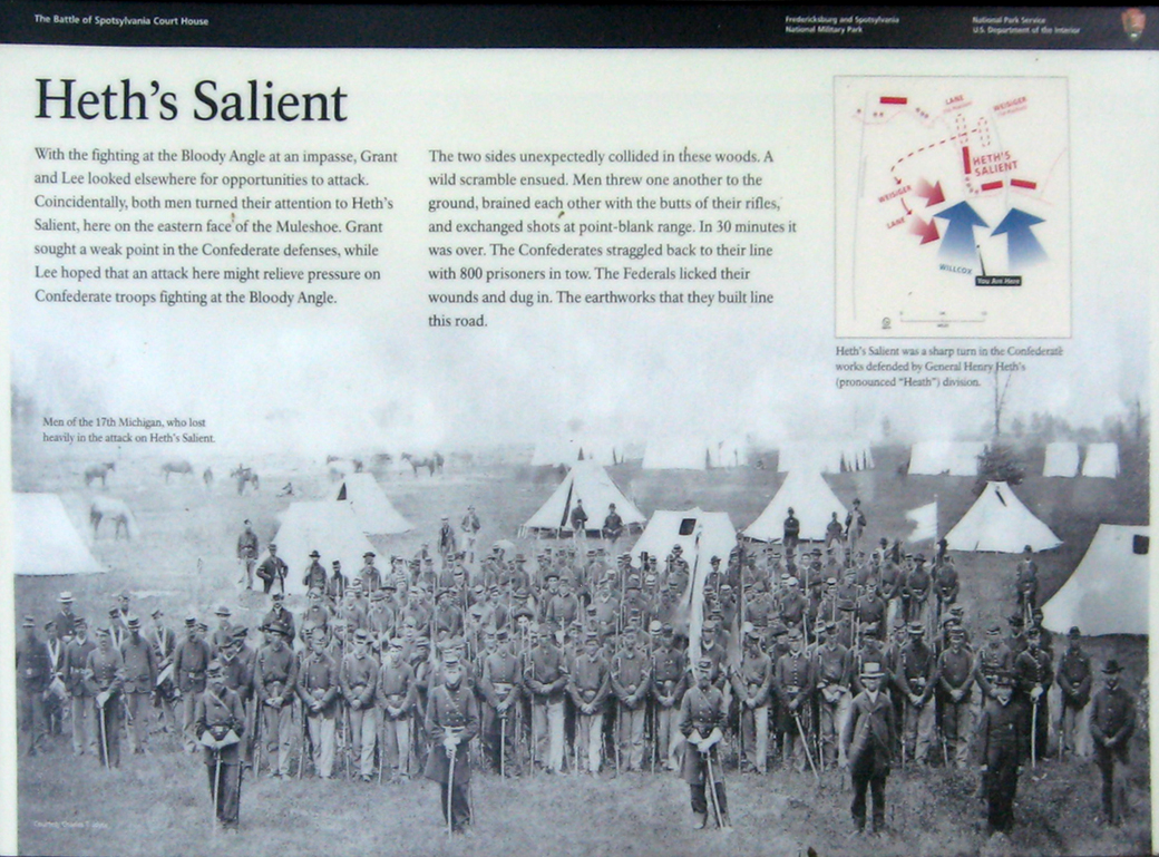 Closeup of the Heth's Salient wayside marker on the Sotsylvania battlefield