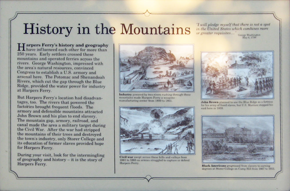 Closeup of the History in the Mountains wayside marker at the Harpers Ferry Visitor Center