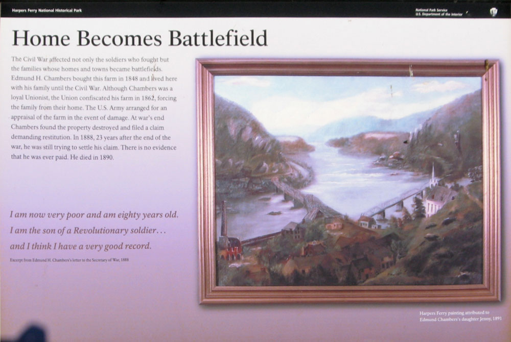 Closeup of the Home Becomes A Battlefield wayside marker on the Harpers Ferry battlefield