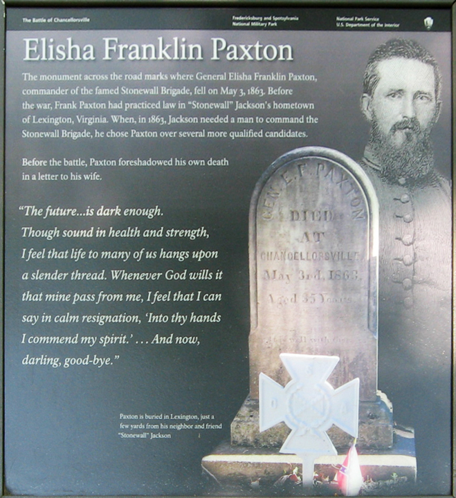 Closeup of the Elisha Franklin Paxton wayside marker at Chancellorsville