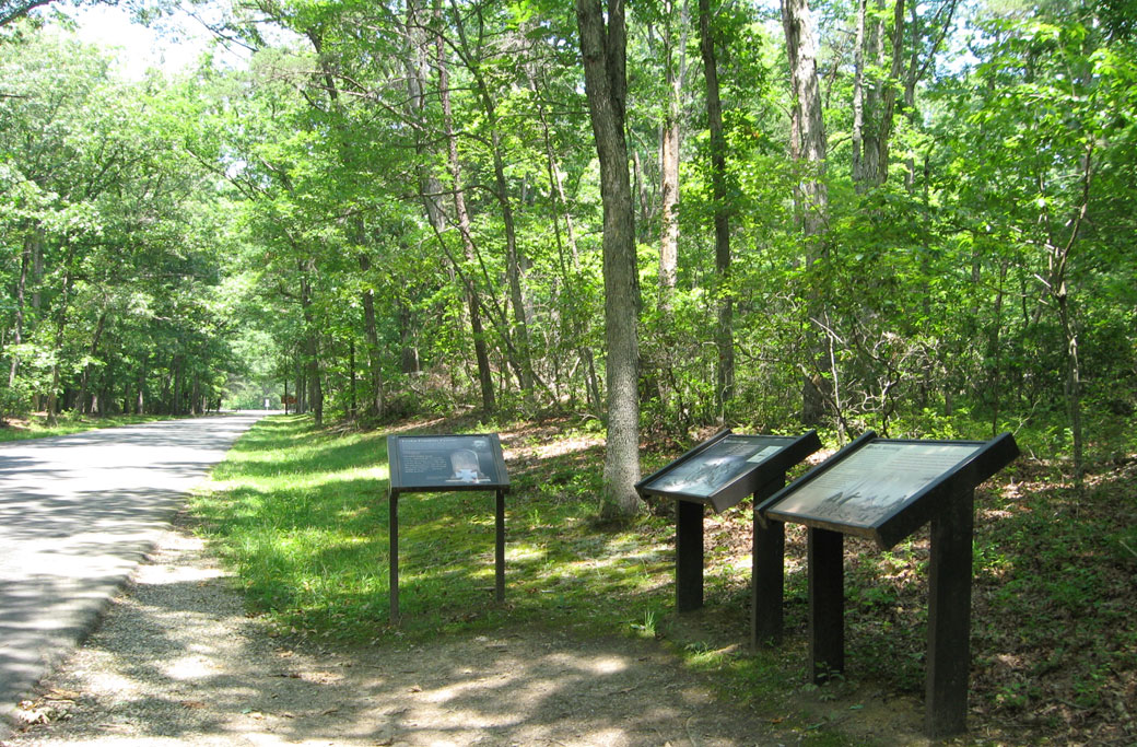 Trio of wayside markers at the Paxtpn monument on the Chancellorsville battlefield