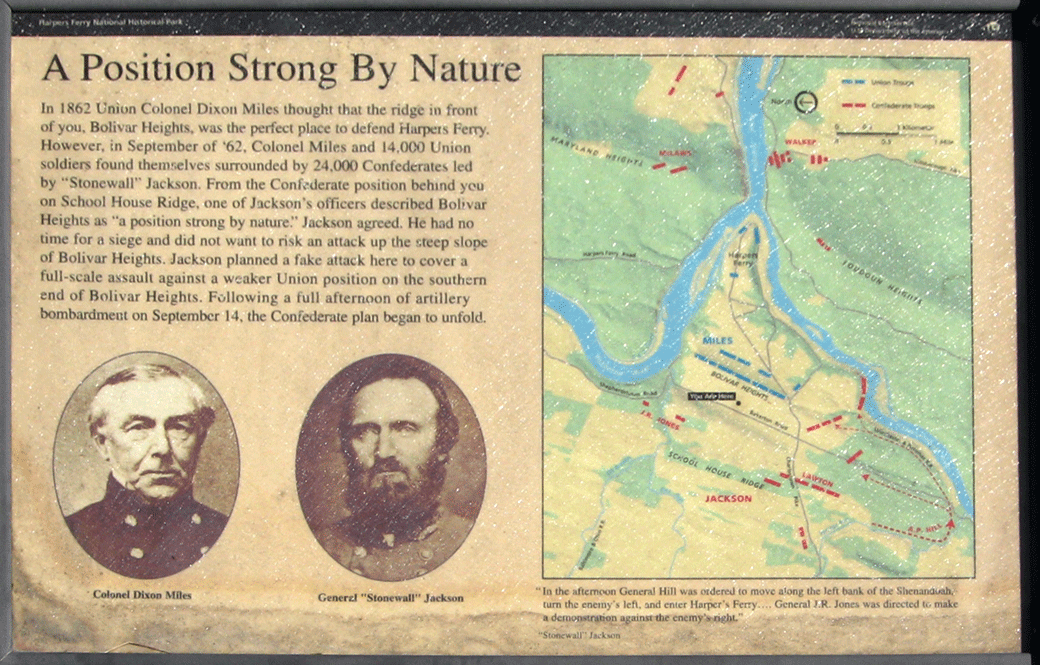 Closeup of the 'A Position Strong by Nature' wayside marker on the Harpers Ferry battlefield