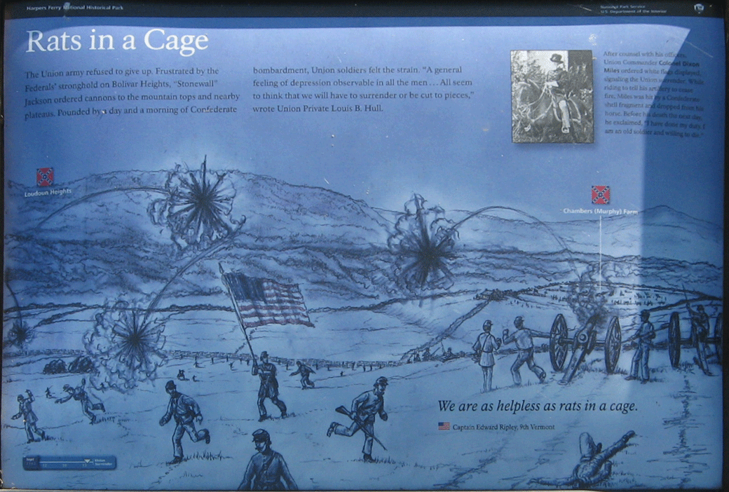 Closeup of the Rats in a Cage wayside marker on the Harpers Ferry battlefield