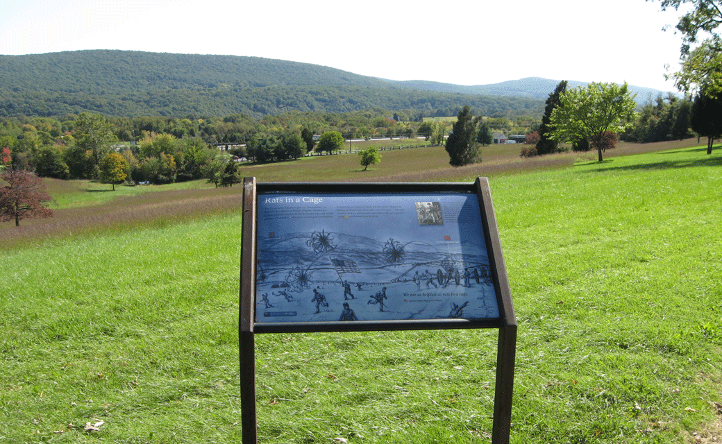 The Rats in a Cage wayside marker on the Harpers Ferry battlefield
