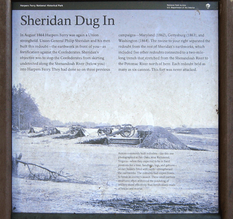 Closeup of The Sheridan Dug In wayside marker on the Harpers Ferry battlefield