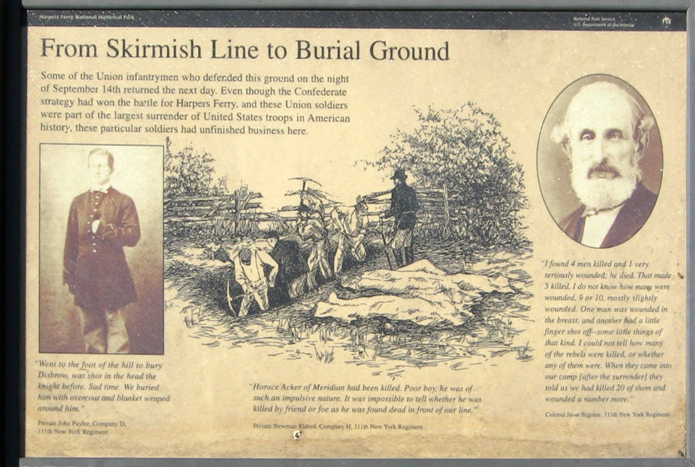 Closeup of the From Skirmish Line to Burial Ground wayside marker on the Harpers Ferry battlefield