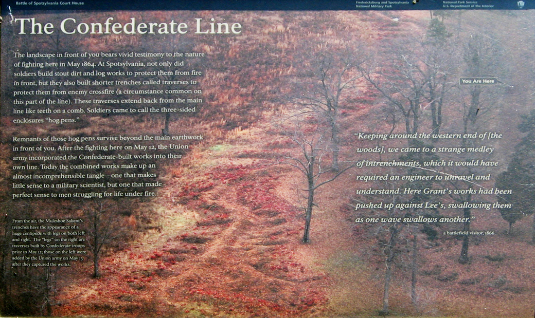 Closeup of the Confederate Line wayside marker on the Spotsylvania battlefield