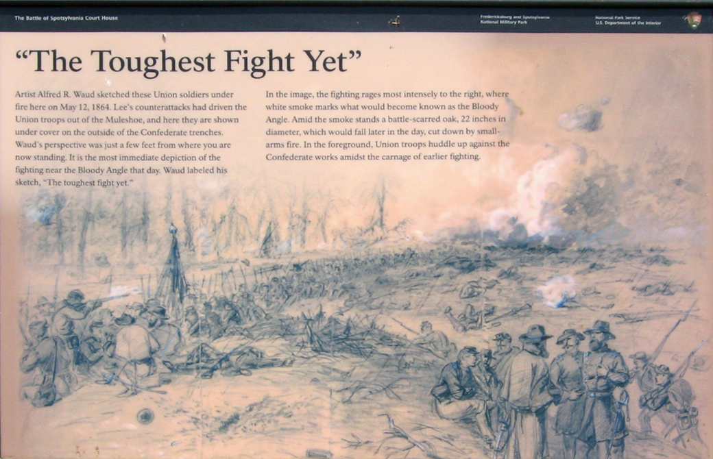 Closeup of The Toughest Fight Yet wayside marker on the Spotsylvania battlefield