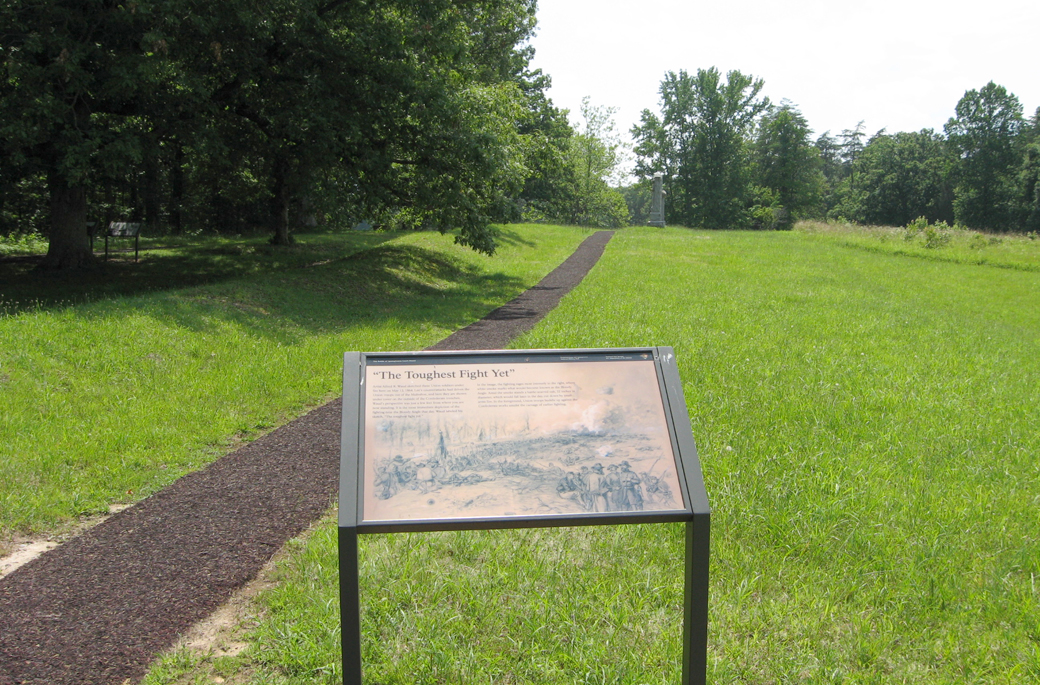 The Toughest Fight Yet wayside marker on the Spotsylvania battlefield