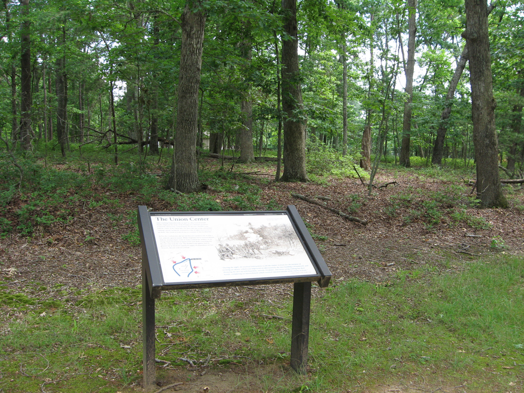 The Union Center wayside marker at Stop 7 on the Chancellorsville Battlefield Auto Tour