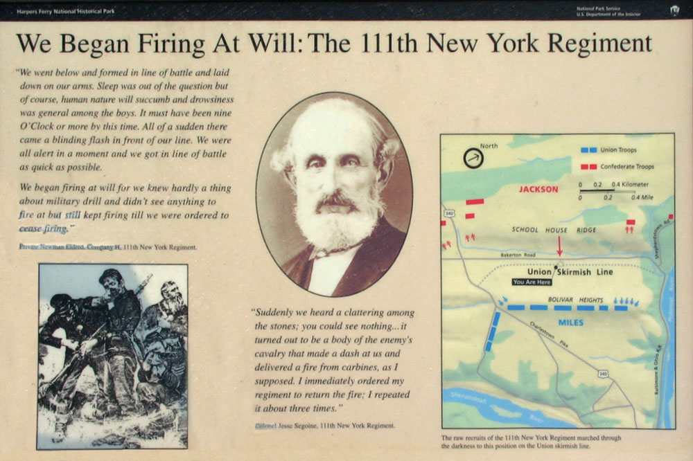The We Began Firing At Will: The 111th New York Regiment wayside marker on the Harpers Ferry battlefield