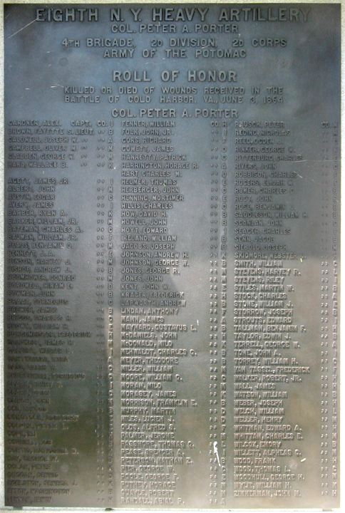 Closeup of the tablet from the Monument to the 8th New York Heavy Artillery in the Cold Harbor National cemetery outside Richmond, Virginia
