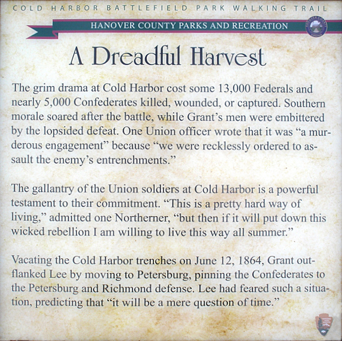 The 'A Dreadful Harvest' wayside marker is in Hanover County Park on the Cold Harbor battlefield.