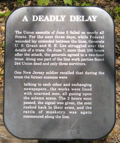 Closeup of the The "A Deadly Delay" trailside marker on the Cold Harbor battlefield