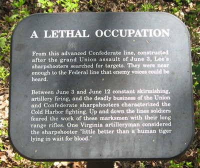 Closeup of the The "A Lethal Occupation" trailside marker on the Cold Harbor battlefield