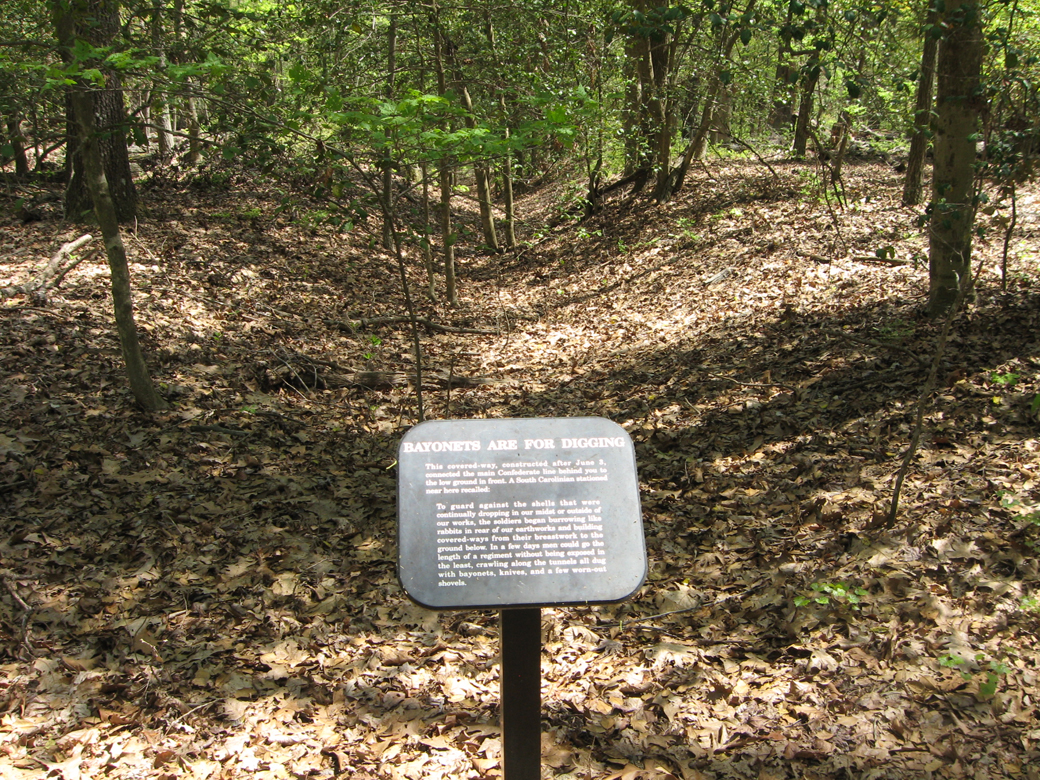 The "Bayonets Are For Digging" trailside marker on the Cold Harbor battlefield