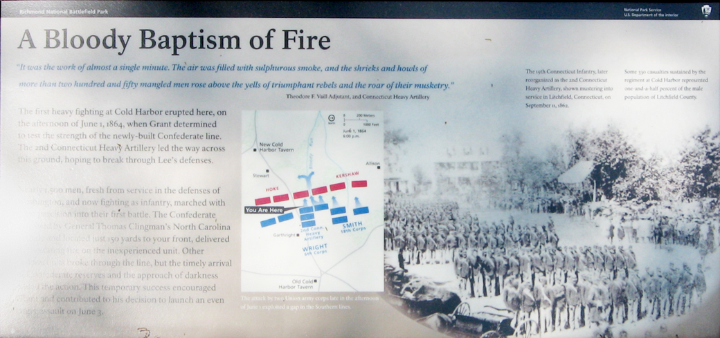 The "Bloody Baptism of Fire" wayside marker on the Cold Harbor battlefield.