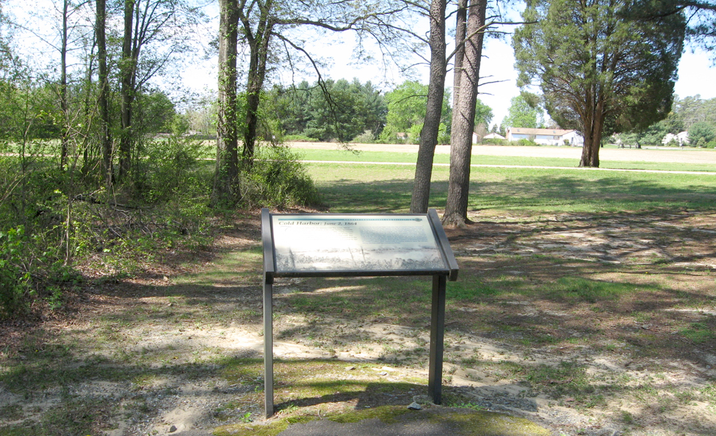 The "Cold Harbor: June 2, 1864" wayside marker in Hanover County Park on the Cold Harbor battlefield