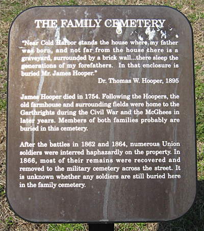 The "Family Cemetery" trail side marker at Garthright House on the Cold Harbor battlefield outside Richmond, Virginia.
