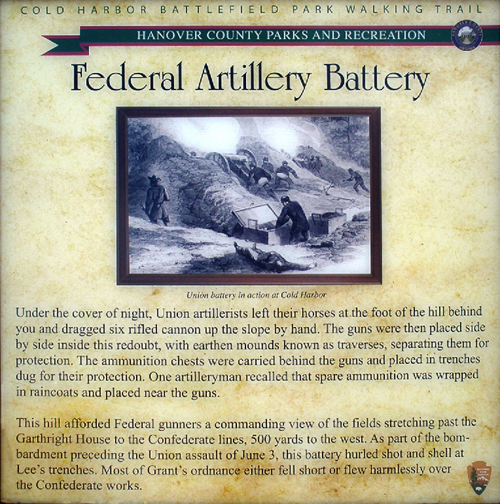 Federal Artillery Battery wayside marker in Hanover County Park on the Cold Harbor battlefield
